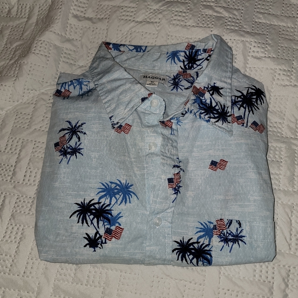 Haggar Mens Shirt American Flag Tropical Palm Trees Rockabilly 3X 4th of July